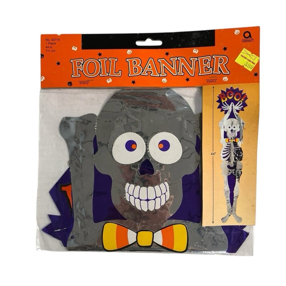 Vintage Amscan Foil Banner‎ Hanging Skelton Boo 44" Halloween Party NOS